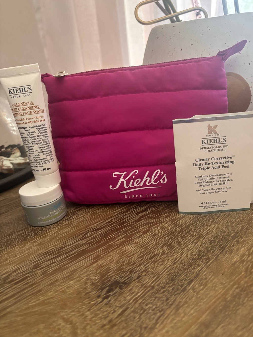 NWT-Kiehl's Hot Pink Quilted Cosmetic Bag with samples